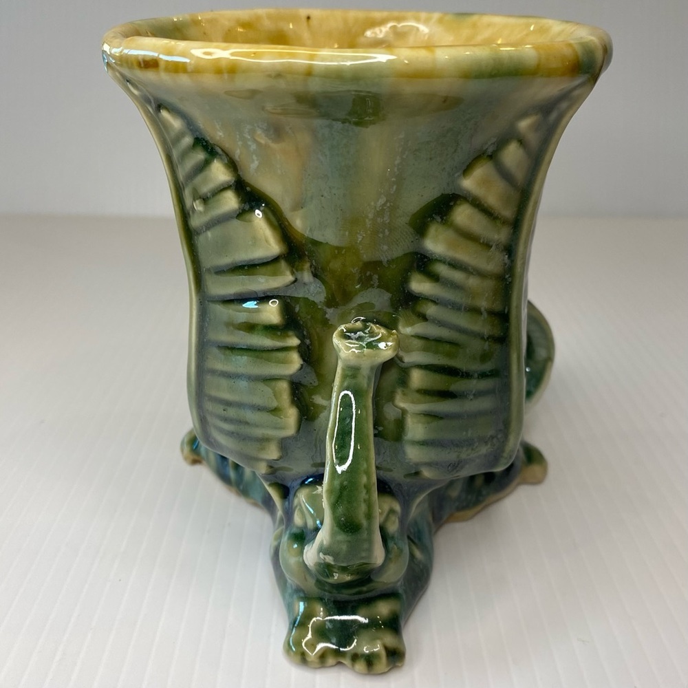 Vintage Lucky Elephant Three Sides Planter Trunk Up Majolica Pottery - Picture 3 of 9